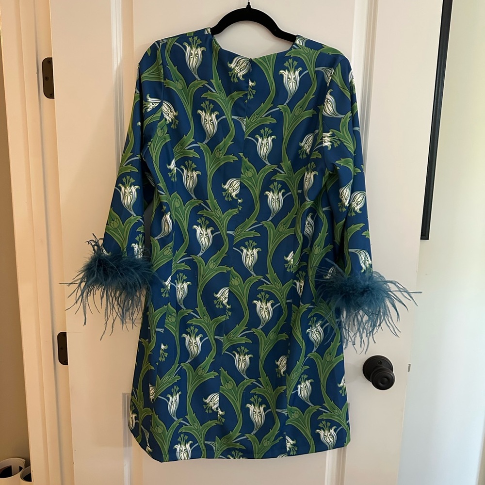 Amazon Floral Long Sleeve Dress with Feather Cuffs